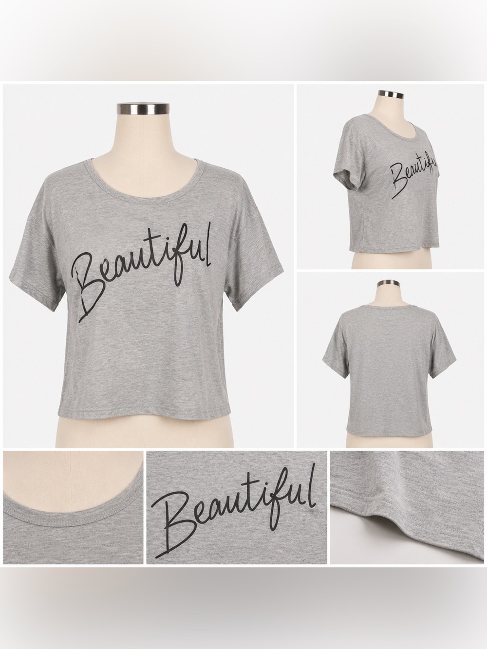 Beautiful Script Graphic Crop Tee Gray Size Medium Casual Short Sleeve Top